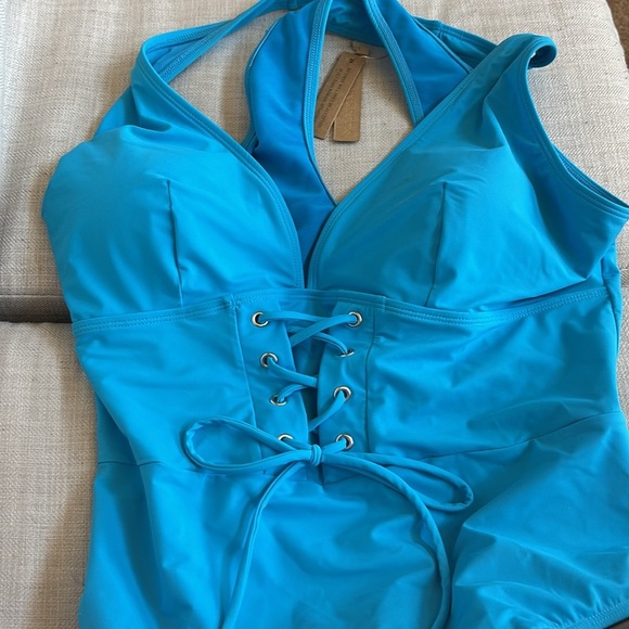 SHAPELLX Women's Slimming Swimwear Push Up V Neck Tummy Control Swim Suits Blue - Picture 9 of 9